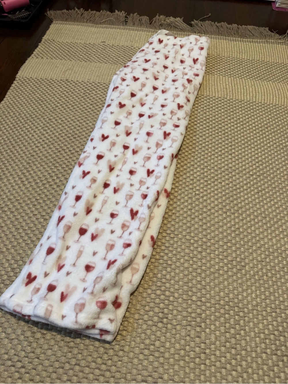 White & Pink Heart-Print Plush Pajama Pants
